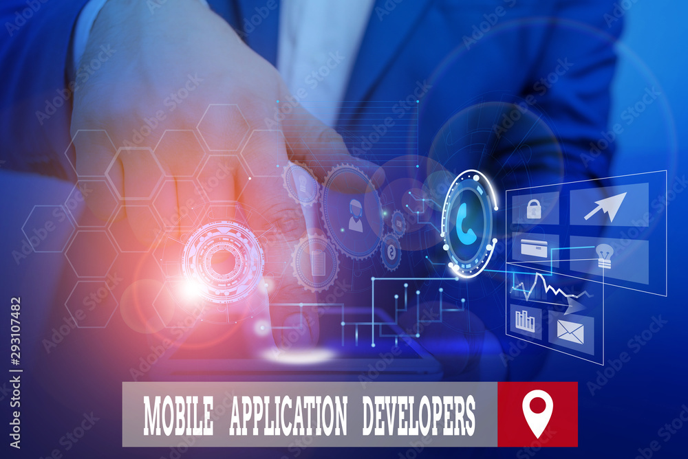 Poster handwriting text writing mobile application developers. conceptual photo create software for devices