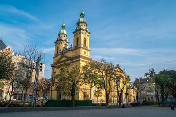 Beautiful yellow church in Budapest, Hungary. Religion.