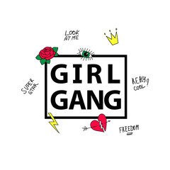 Slogan Girl Gang with patches. T-shirt design.