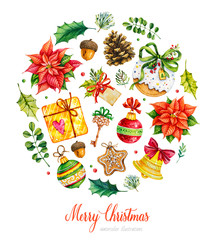 Happy New Year. Watercolor Merry Christmas. Poinsettia. Christmas toys. Christmas decoration. Handmade christmas decoration.  Watercolor handpainted botanical illustration