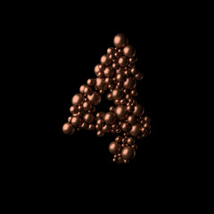 Abstract bronze numeric 4 made of tiny spheres on black background.3D rendering. Fancy alphabet