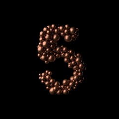Abstract bronze numeric 5 made of tiny spheres on black background.3D rendering. Fancy alphabet