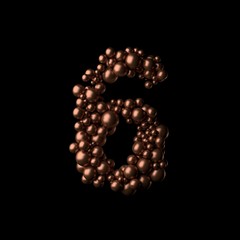 Abstract bronze numeric 6 made of tiny spheres on black background.3D rendering. Fancy alphabet