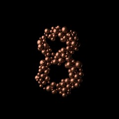Abstract bronze numeric 8 made of tiny spheres on black background.3D rendering. Fancy alphabet