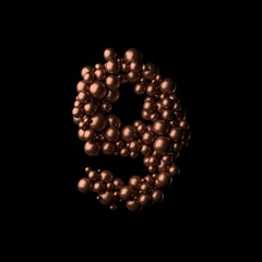 Abstract bronze numeric 9 made of tiny spheres on black background.3D rendering. Fancy alphabet