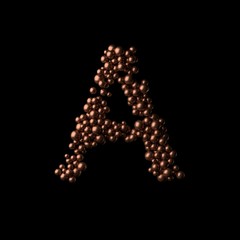Abstract bronze letter A made of tiny spheres on black background.3D rendering. Fancy alphabet