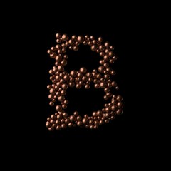 Abstract bronze letter B made of tiny spheres on black background.3D rendering. Fancy alphabet