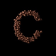 Abstract bronze letter C made of tiny spheres on black background.3D rendering. Fancy alphabet