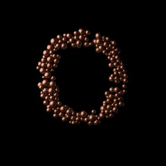 Abstract bronze letter O made of tiny spheres on black background.3D rendering. Fancy alphabet