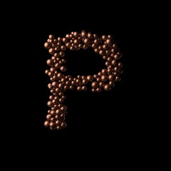 Abstract bronze letter P made of tiny spheres on black background.3D rendering. Fancy alphabet