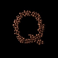 Abstract bronze letter Q made of tiny spheres on black background.3D rendering. Fancy alphabet