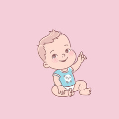 Cute little baby boy in diaper, blue t-shirt, start sitting.