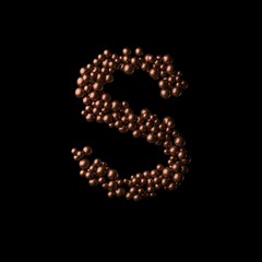 Abstract bronze letter S made of tiny spheres on black background.3D rendering. Fancy alphabet