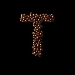 Abstract bronze letter T made of tiny spheres on black background.3D rendering. Fancy alphabet