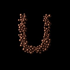 Abstract bronze letter U made of tiny spheres on black background.3D rendering. Fancy alphabet