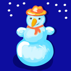 Snowman in a hat and scarf on a blue background.