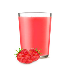 Strawberries and a glass with juice on an isolated white background
