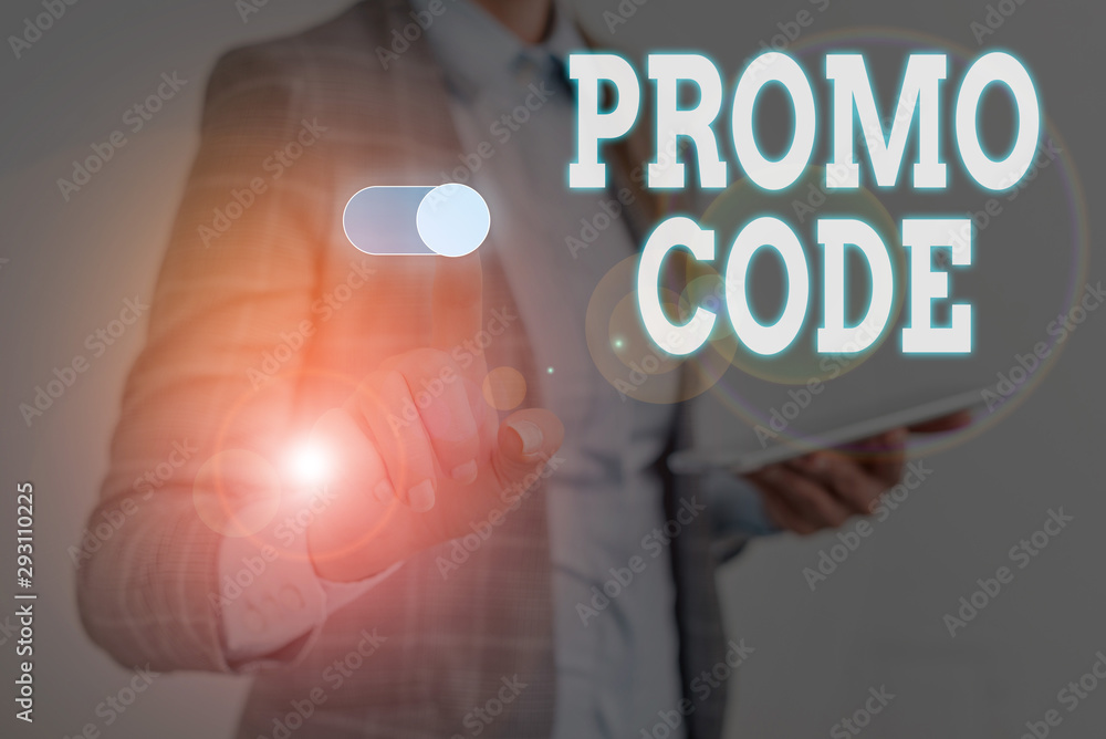 Poster writing note showing promo code. business concept for digital numbers that give you good discount on