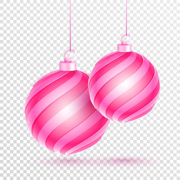 Hanging pink baubles decorated on png background.
