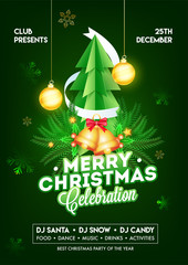 Merry Christmas Celebration template or flyer design with paper cut xmas tree, jingle bell, pine leaves and hanging baubles decorated on green background.