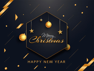 Calligraphy of Merry Christmas with hanging golden baubles, stars and abstract elements decorated on black background for New Year celebration.