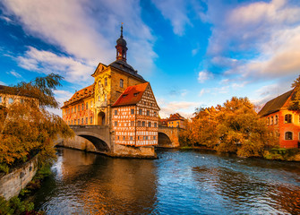 Autumn scenery with Old Town Hall of Bamberg, Germany. UNESCO World Heritage Site. - obrazy, fototapety, plakaty
