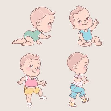 Baby boy in clothes. Cute active little boy crawling, sitting,standing, walking.