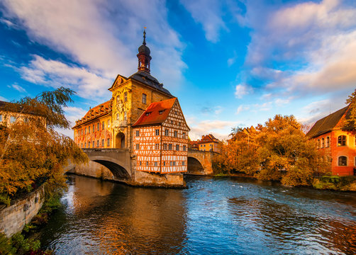 Autumn scenery with Old Town Hall of Bamberg, Germany. UNESCO World Heritage Site.