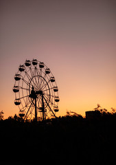 Silhouette of a ferris wheel at sunrise (sunset) of the sun on a background of trees and grass.