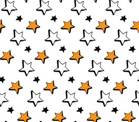Seamless pattern hand drawn Doodle stars in vector. Starry sky in a simple children s style. Orange, black and white design. For textile, cloth, paper, packaging,
