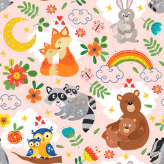 seamless pattern with cute animals mother and baby on pink background- vector illustration, eps    