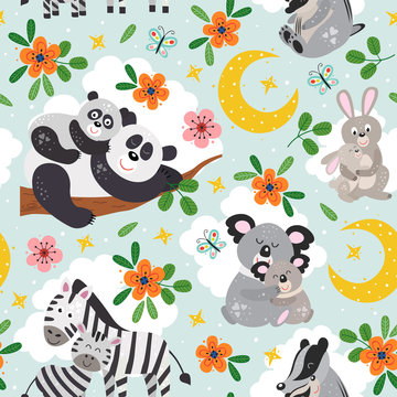 seamless pattern with cute animals mother and baby on blue background - vector illustration, eps    