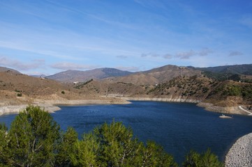 Elevated view across La Concepcion reservoir (Embalse del Limonero), Malaga, Spain.