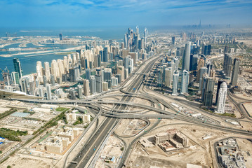 Aerial view of Dubai Marina skyline with Sheikh Zayeg road highway interchange, United Arab Emirates