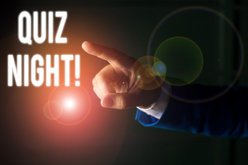 Word writing text Quiz Night. Business photo showcasing evening test knowledge competition between individuals Isolated hand pointing with finger. Business concept pointing finger
