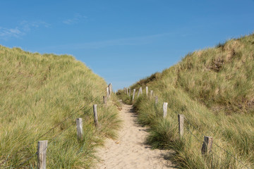 Beautiful tranquil dune landscape and long beach at North Sea