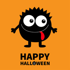 Happy Halloween. Monster black round silhouette. Two eyes, tongue, hands. Cute cartoon kawaii scary funny character. Baby collection. Orange background. Isolated. Flat design.