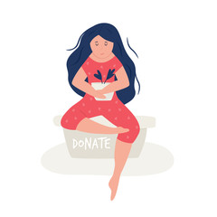 Young girl sitting on a container for donations.