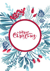Merry Christmas calligraphic lettering hand written text. Greeting card design with floral and berries xmas elements. Modern winter season postcard, brochure, wall art design