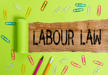 Conceptual hand writing showing Labour Law. Concept meaning Rules implemented by the state between...