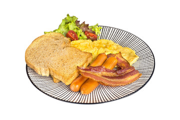 breakfast set : baked bread,sausage ,omelette and bacon isolated on white background with clipping path