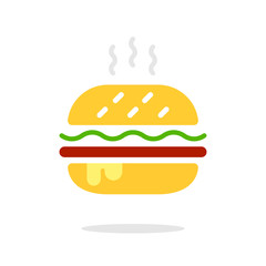 Burger sign icon in flat style. Hamburger colorful vector illustration on white isolated background. Cheeseburger business concept. Vector Hamburger Classic Burger American Cheeseburger. EPS 10.