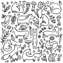 Autumn doodle background. Set of foxes with rabbit, ferret, bird hedgehog, mushrooms, leaves, flowers and branches. Black and white vector illustration.