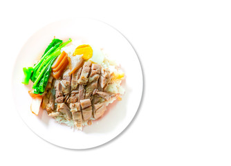 Stewed pork leg on rice isolated on white