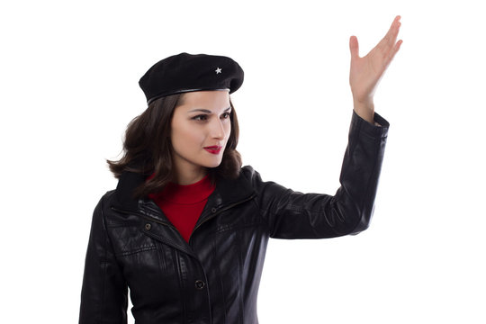 Young woman black jacket and hat, hand raised gesture with a reference to Ernesto Che Guevara on a white background