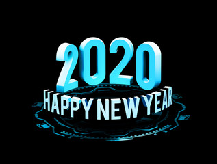 Congratulations on the New Year 2020 in technostyle. Rounded 3D text with HUD elements. Big data. illustration