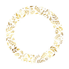 Vector frame of golden floral branch, wreaths, leaves. Autumn concept. Floral poster, invite.