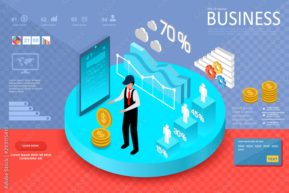 Poster set of 3d infographics for business, data analysis landing page template charts and analyzing statis