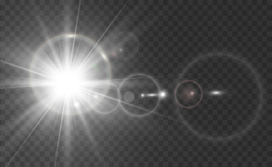 Special lens flash, light effect. The flash flashes rays and searchlight. illust.White glowing light. Beautiful star Light from the rays. The sun is backlit. Bright beautiful star. Sunlight. Glare.