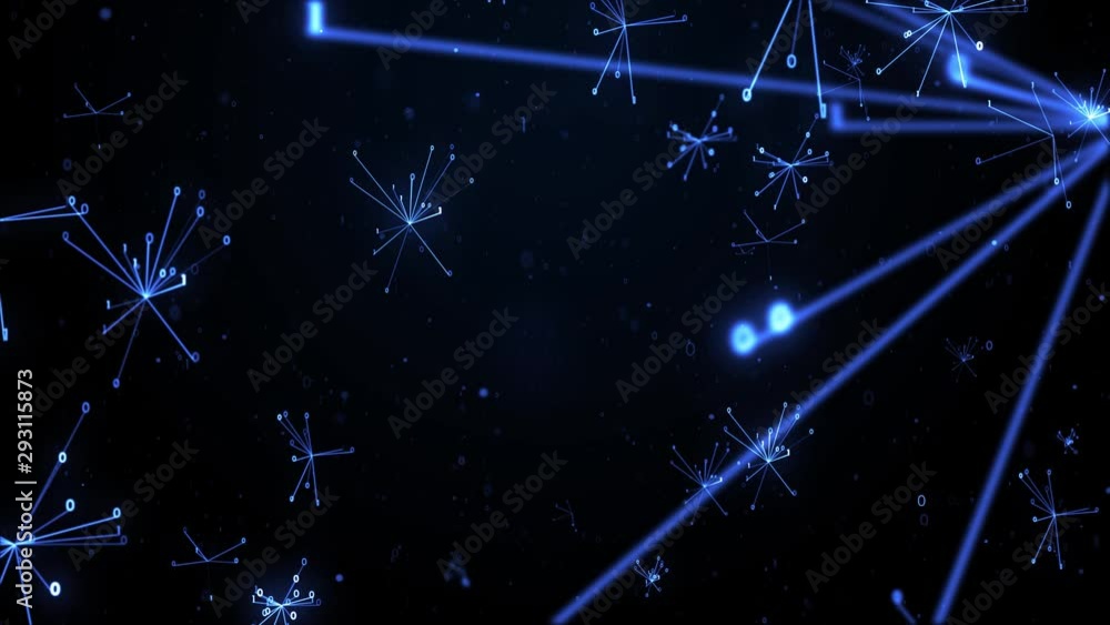 Poster loopable blue 3d render technology background with camera passing through massive of particles of di